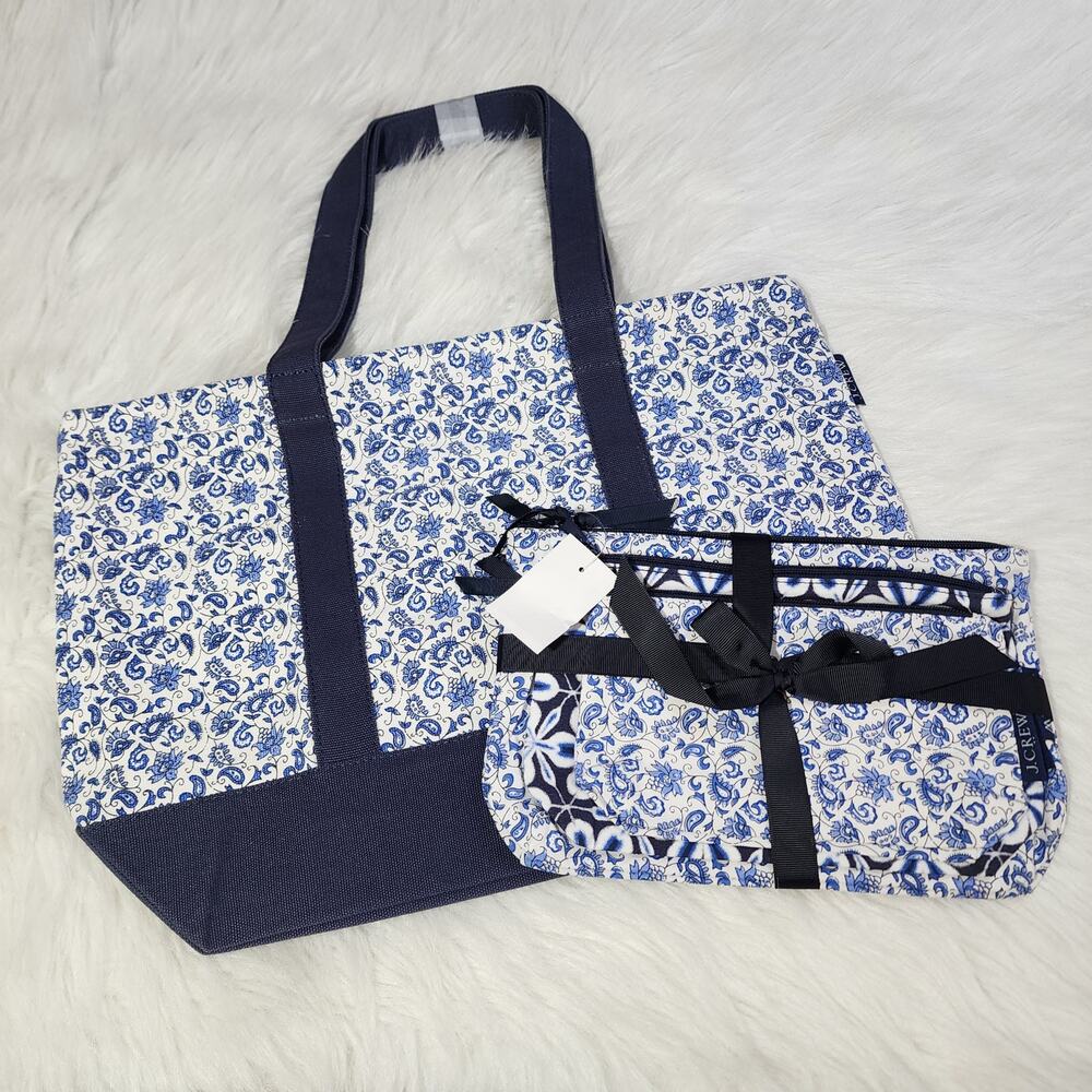 J. Crew Factory NWT‎ lot of Blue Paisley Retro tote bag & set of 3 makeup bags
